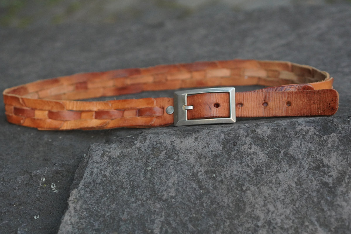 Woven Leather Belt | Vintage 70s Tan Brown | Silver Buckle S/M