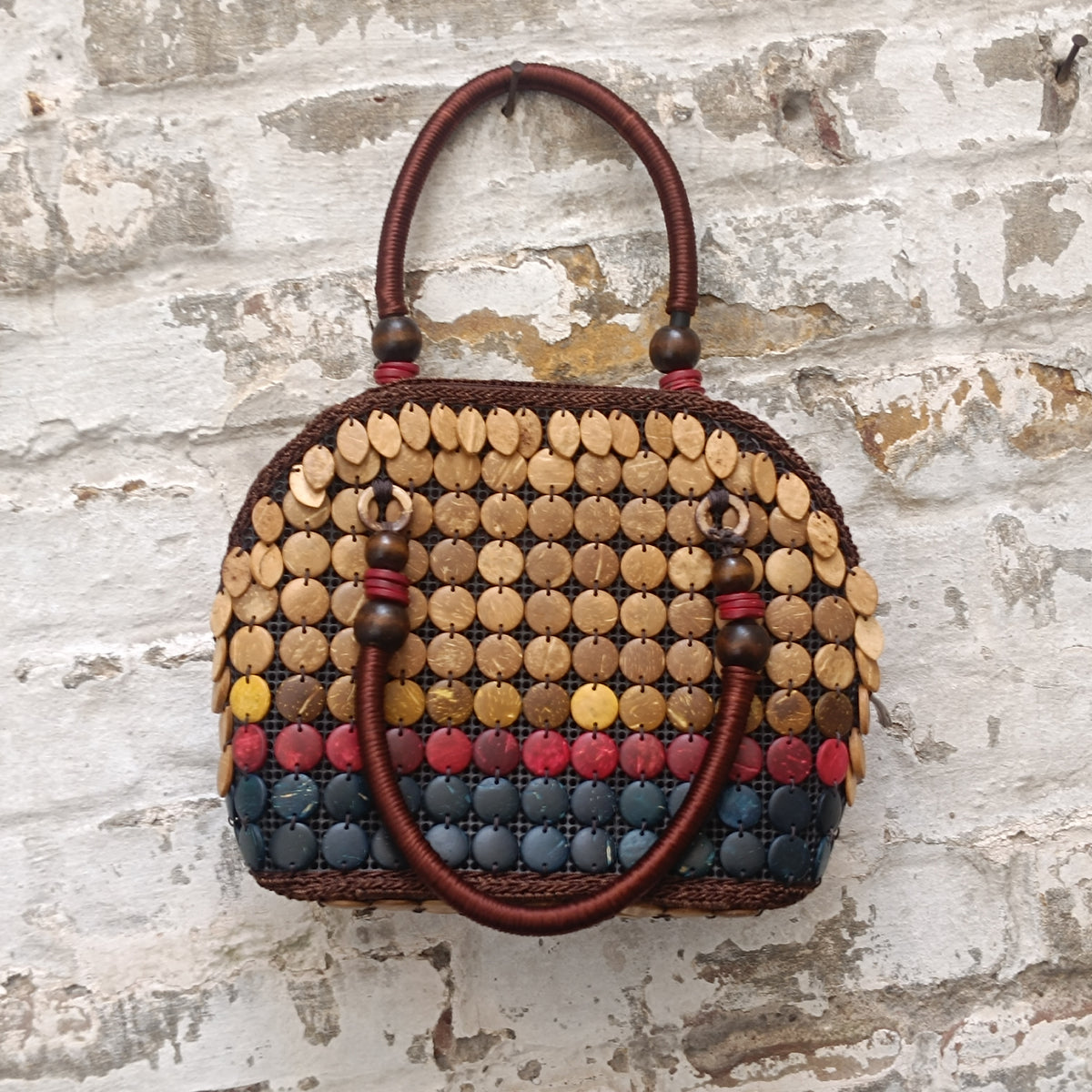Coconut Shell Bag | Vintage 90s Boho Beaded Handbag | Natural Brown Red