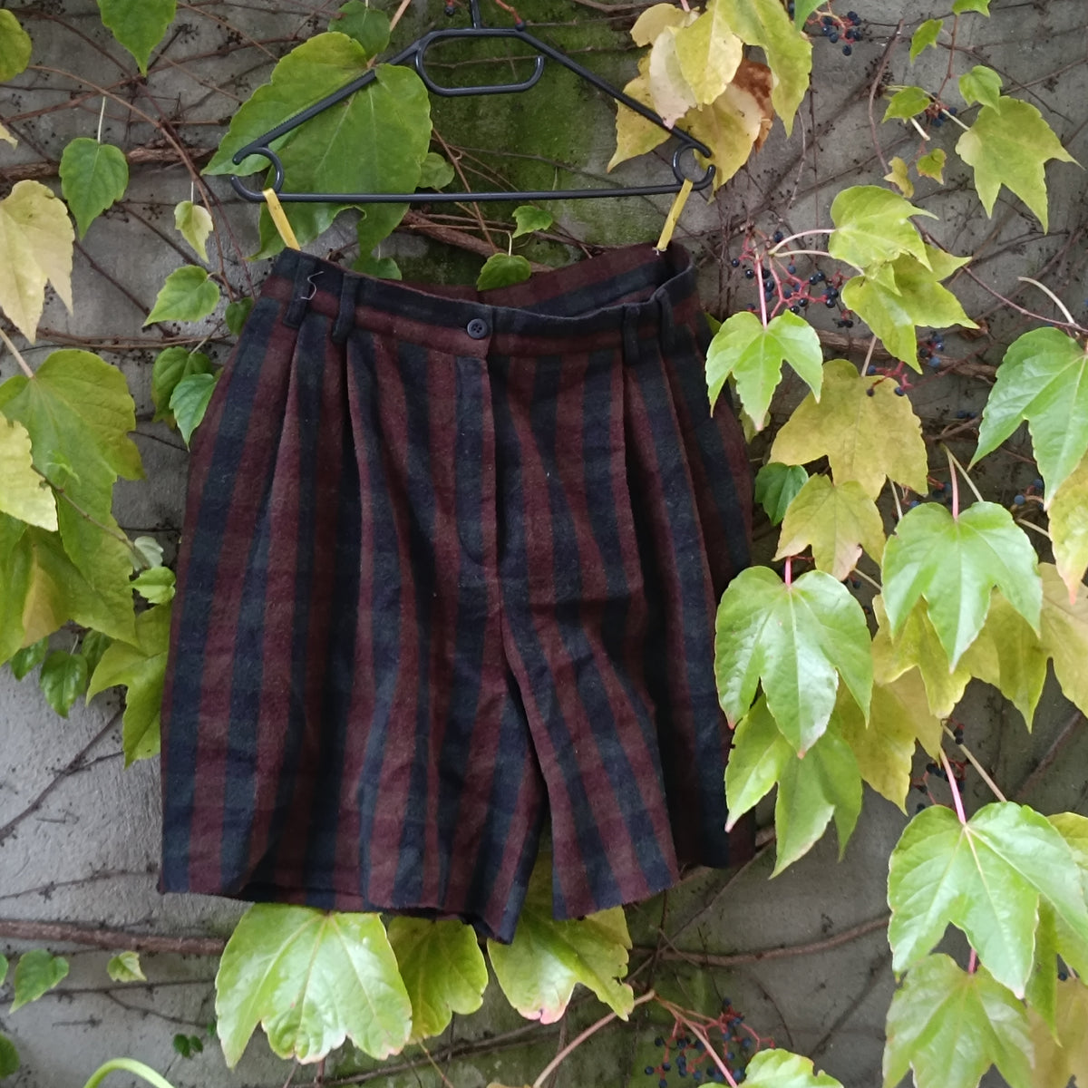 Wool Cashmere Shorts | Vintage 90s Striped Pleated Bermudas | Burgundy Dark Grey XS to S