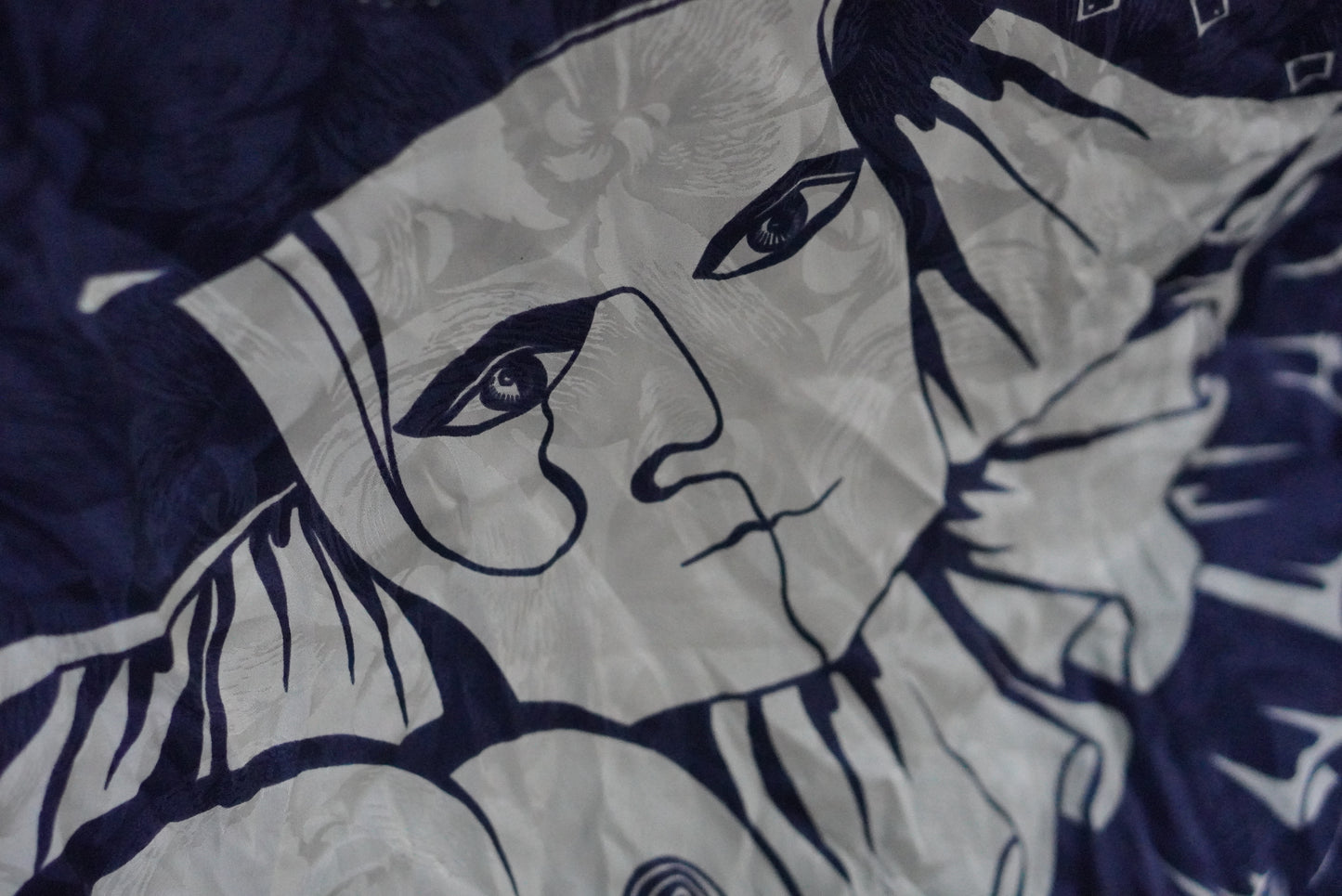 Vintage 1980s Silk Scarf Venetian Masquerade Navy Blue Jacquard Harlequin Border