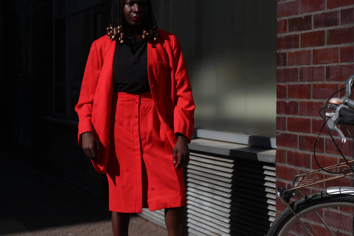 Rodier Red Wool Skirt Suit Set, Size 42, Made in France