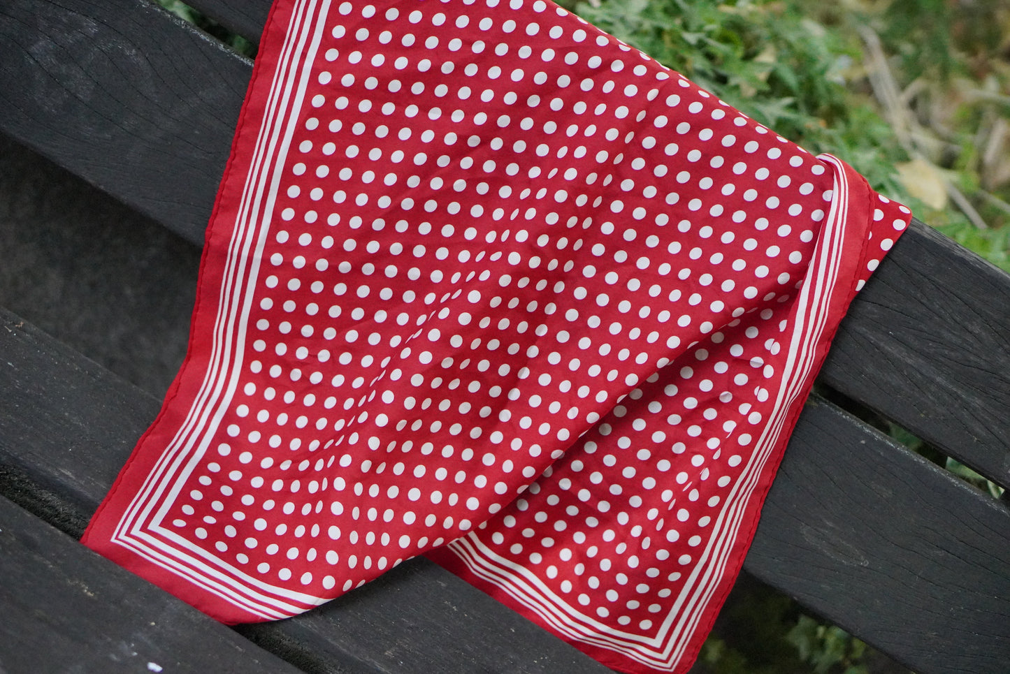 Vintage 1970s Red Polka Dot Scarf Square White Striped Border Head Neck Scarf