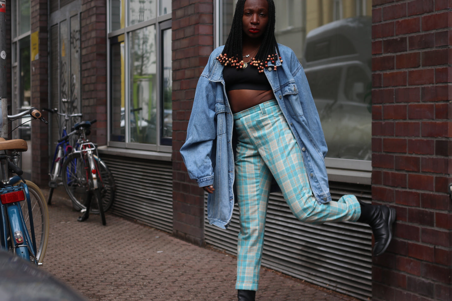 Vintage 70s Plaid Trousers | Turquoise High Waist Check Pants