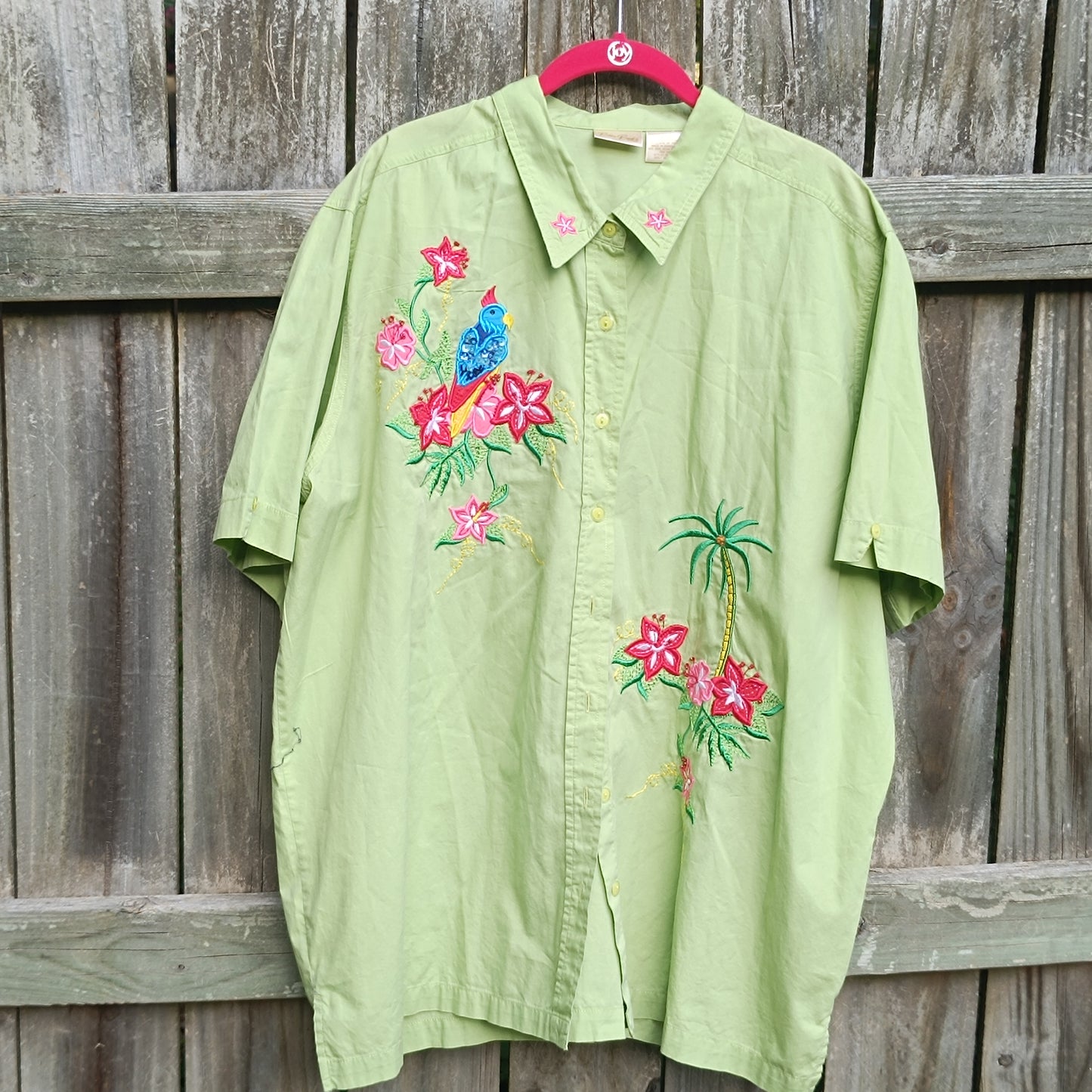 Bobbie Brooks Vintage 90s Green Embroidered Tropical Hawaiian Shirt