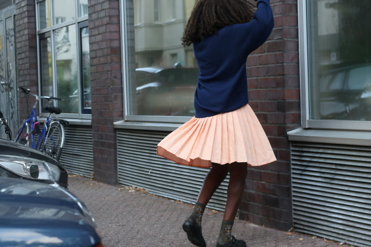 Vintage Pleated Gingham Skirt - 80s Peach Preppy Skirt - S/M