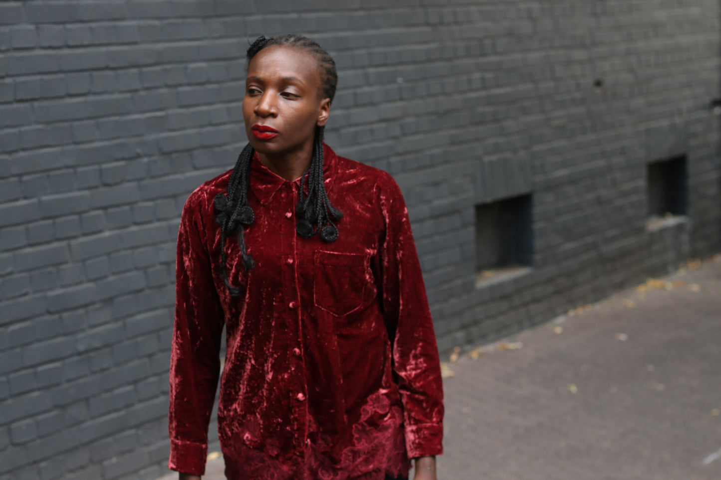  Vintage Gothic Red Velvet Top  | 90s Lace Hem Button Up S