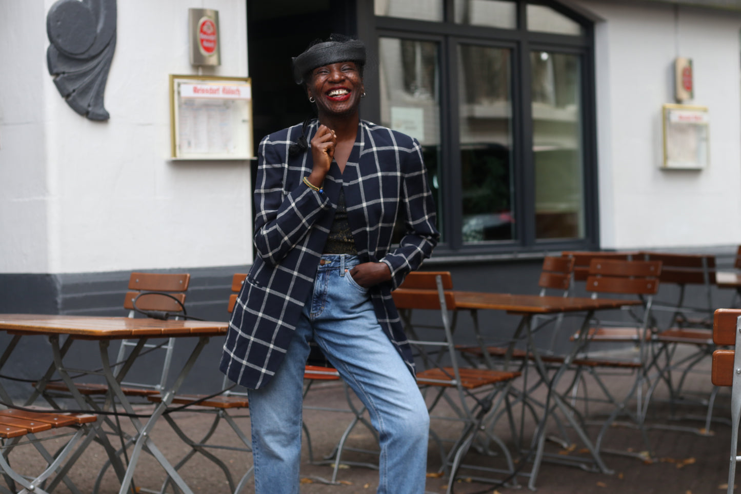 Vintage 80s Navy Plaid Blazer | Oversized Boxy Windowpane Jacket