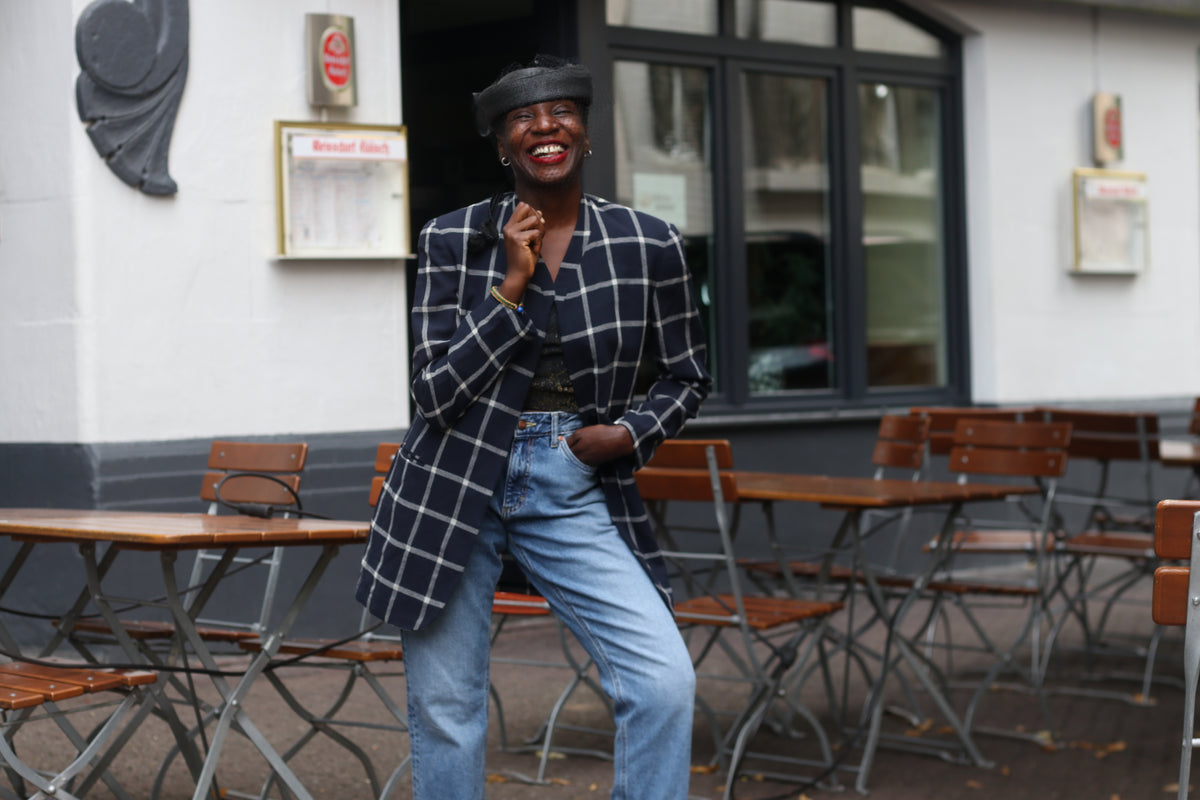 Vintage 80s Navy Plaid Blazer | Oversized Boxy Windowpane Jacket