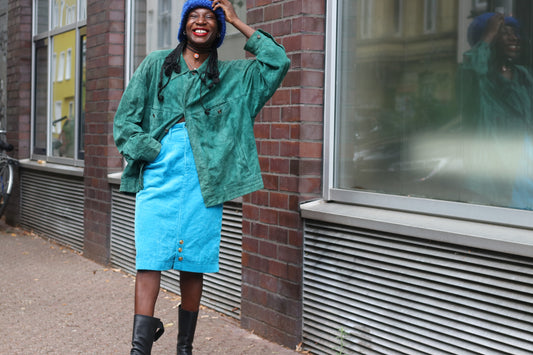 Vintage Corduroy Skirt | 80s Bright Blue Pencil Skirt | Fits S/M