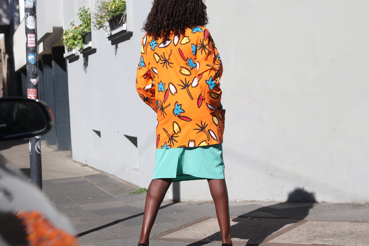 Vintage 80s Abstract Print Blazer | Orange Cotton Art Jacket M/L