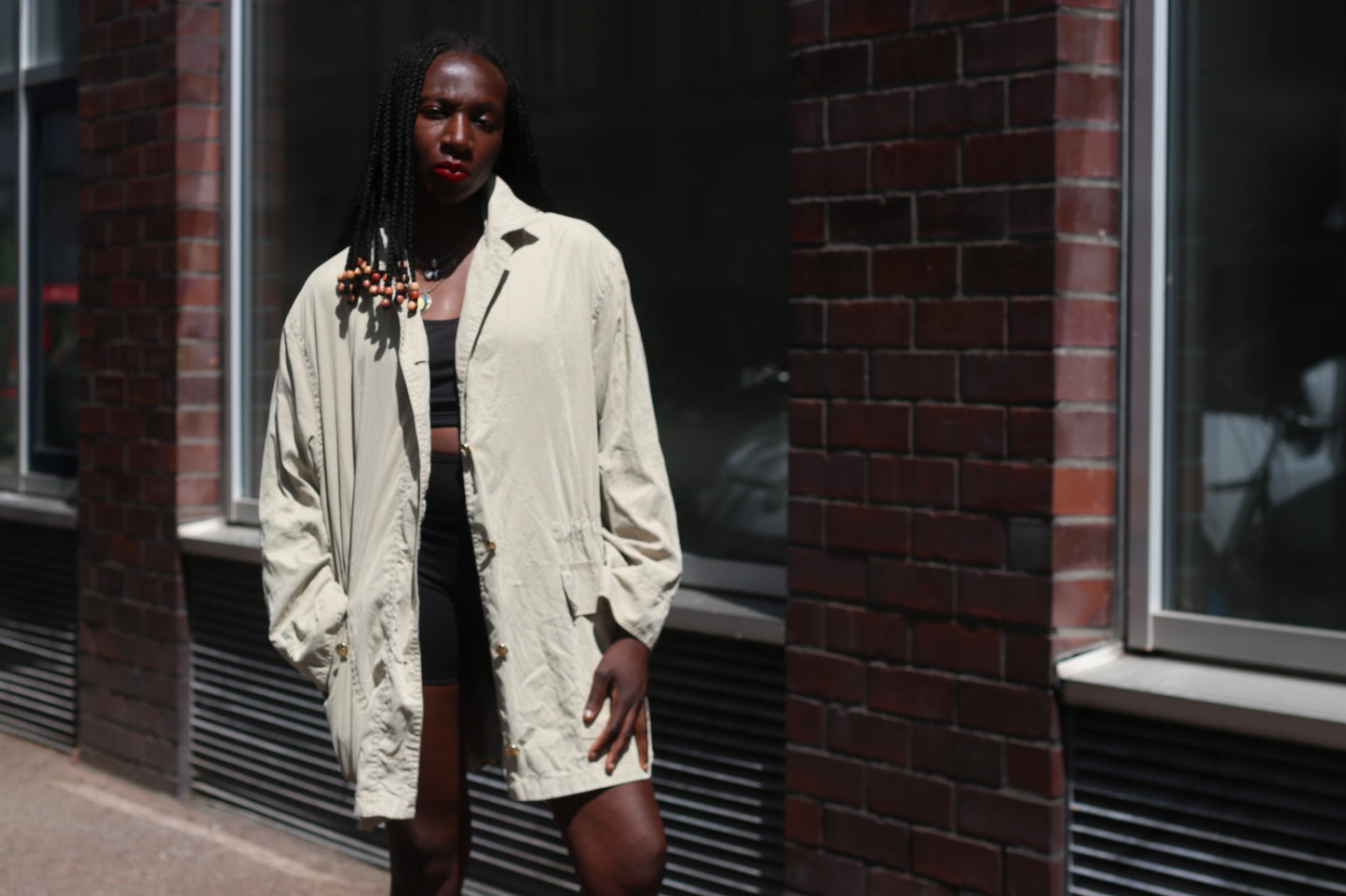 Krizia Vintage 80s Beige Trench Coat Drawstring Lightweight Parka Jacket