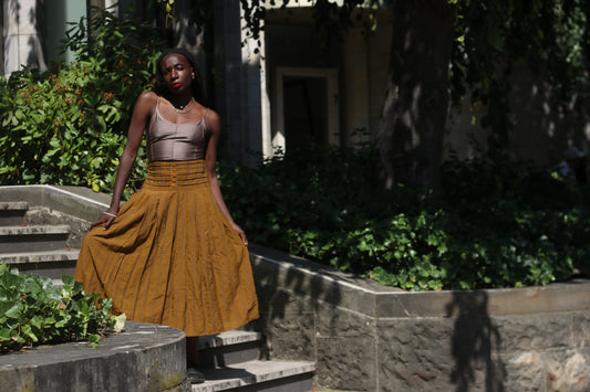Vintage 70s Mustard Gold Maxi Skirt - Striped Boho Pleated Long Skirt