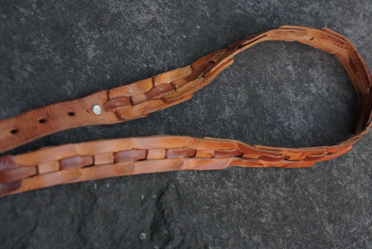 Woven Leather Belt | Vintage 70s Tan Brown | Silver Buckle S/M
