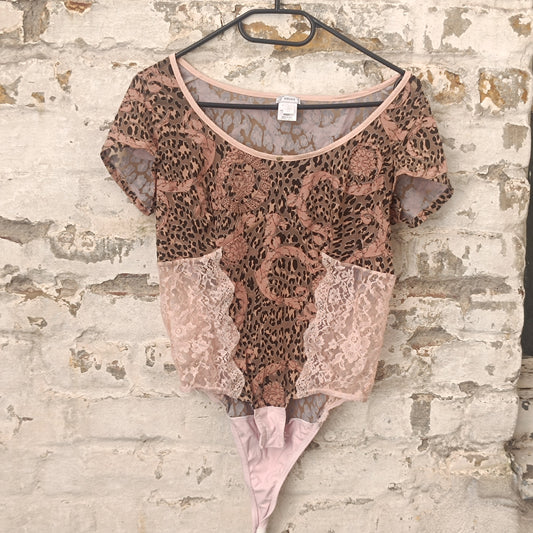 Vintage Versace Body - Leopard Baroque Lace Bodysuit - Pink Brown L