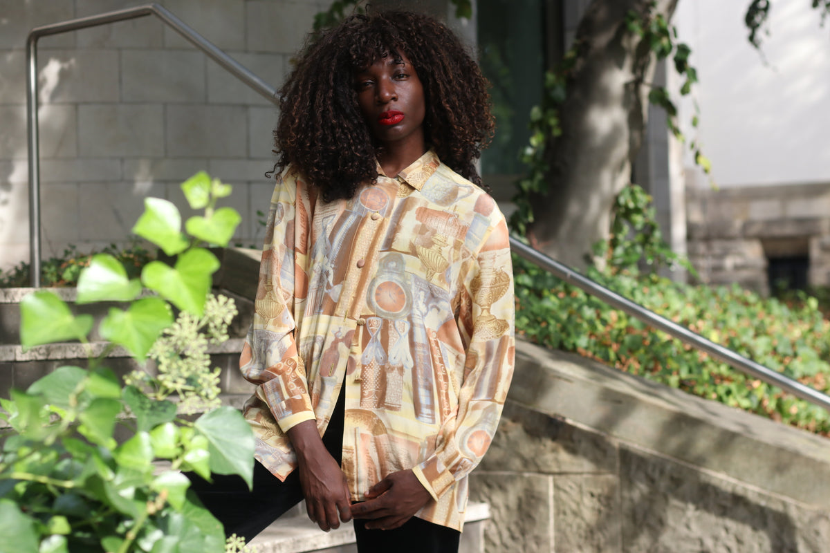 Vintage Silk Blend Blouse | 90s Sepia Antique Print Gold Shirt S/M