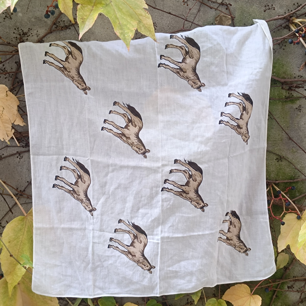 Vintage Horse Print Scarf | Equestrian Bandana | Off White Brown