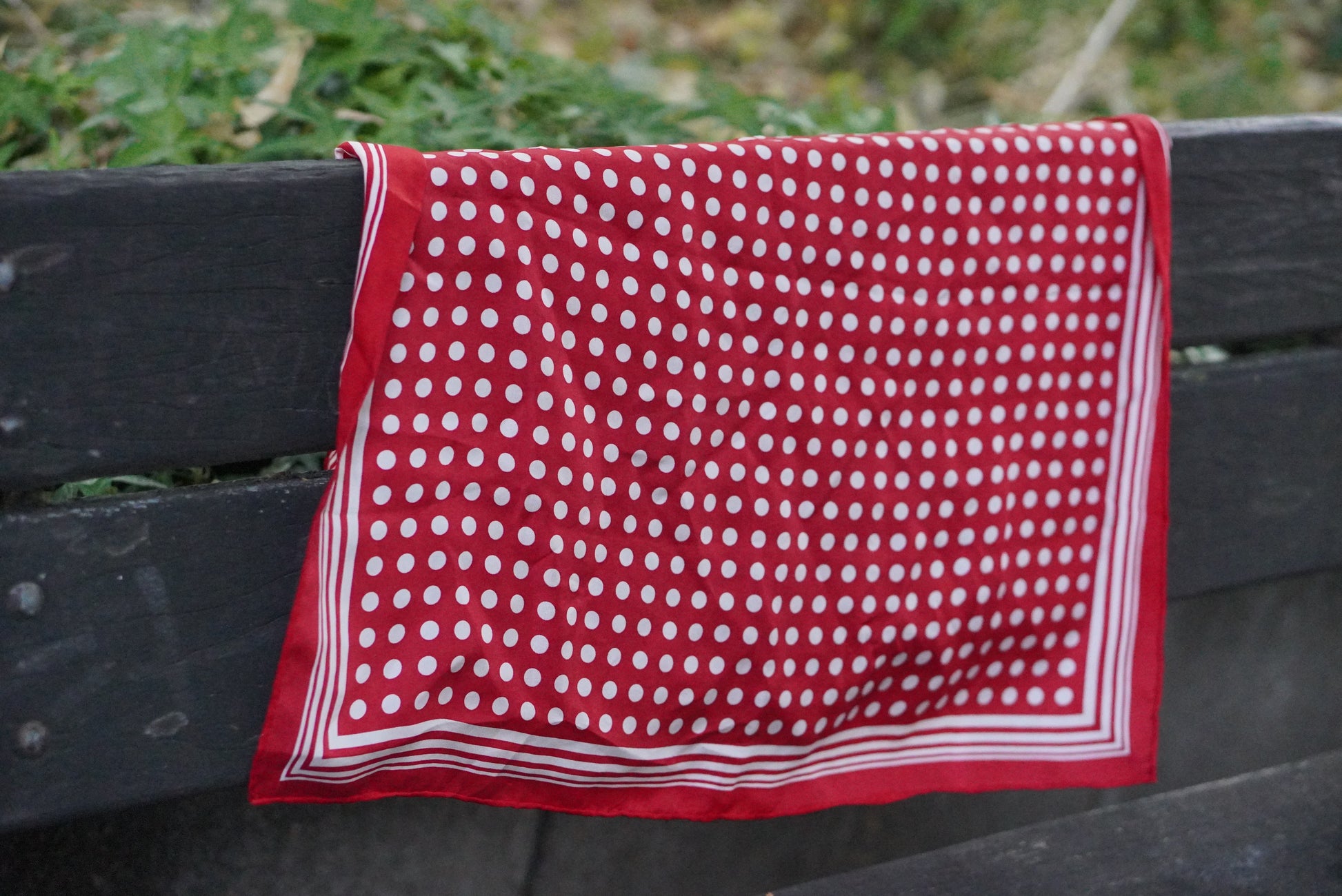 Vintage 1970s Red Polka Dot Scarf Square White Striped Border Head Neck Scarf