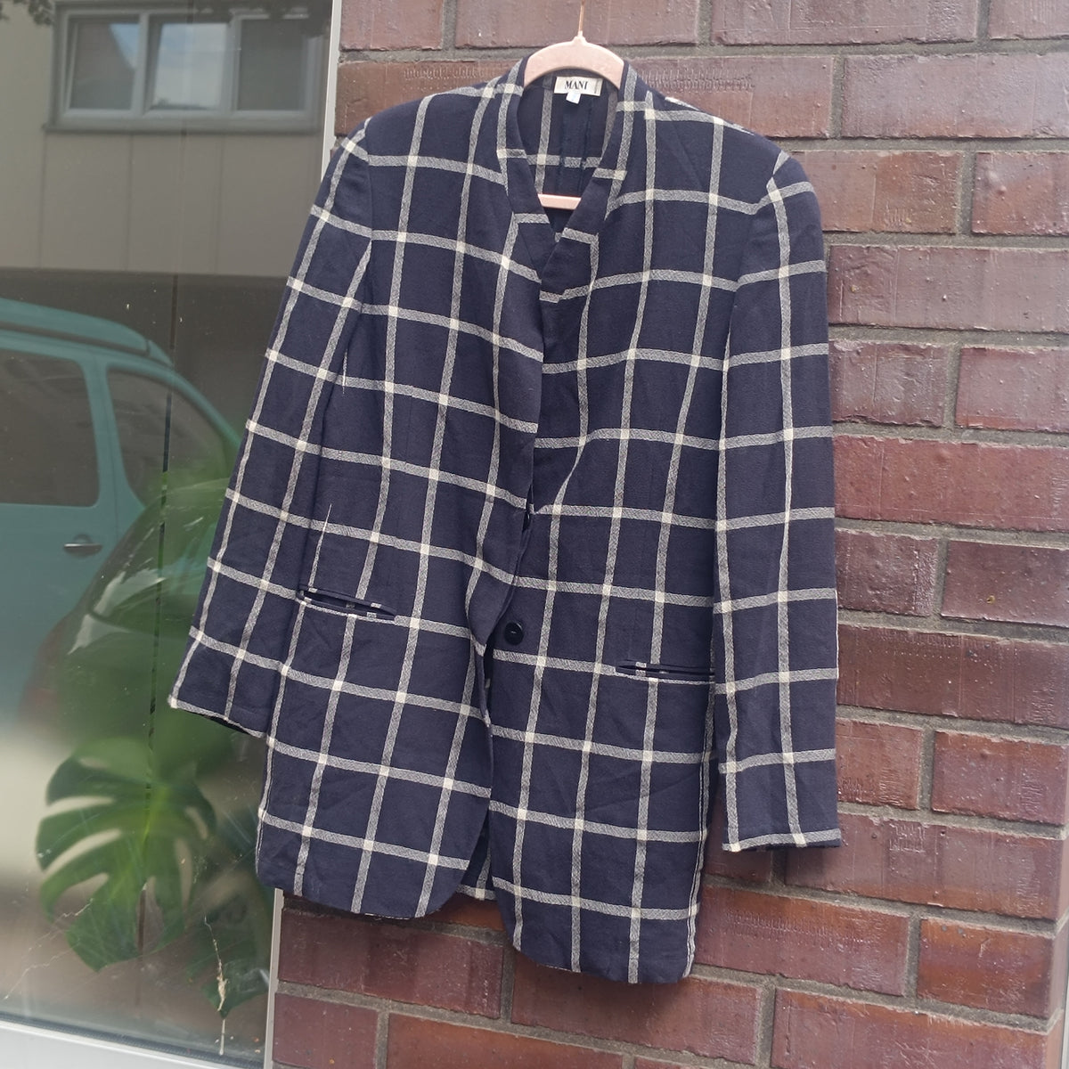 Vintage 80s Navy Plaid Blazer | Oversized Boxy Windowpane Jacket