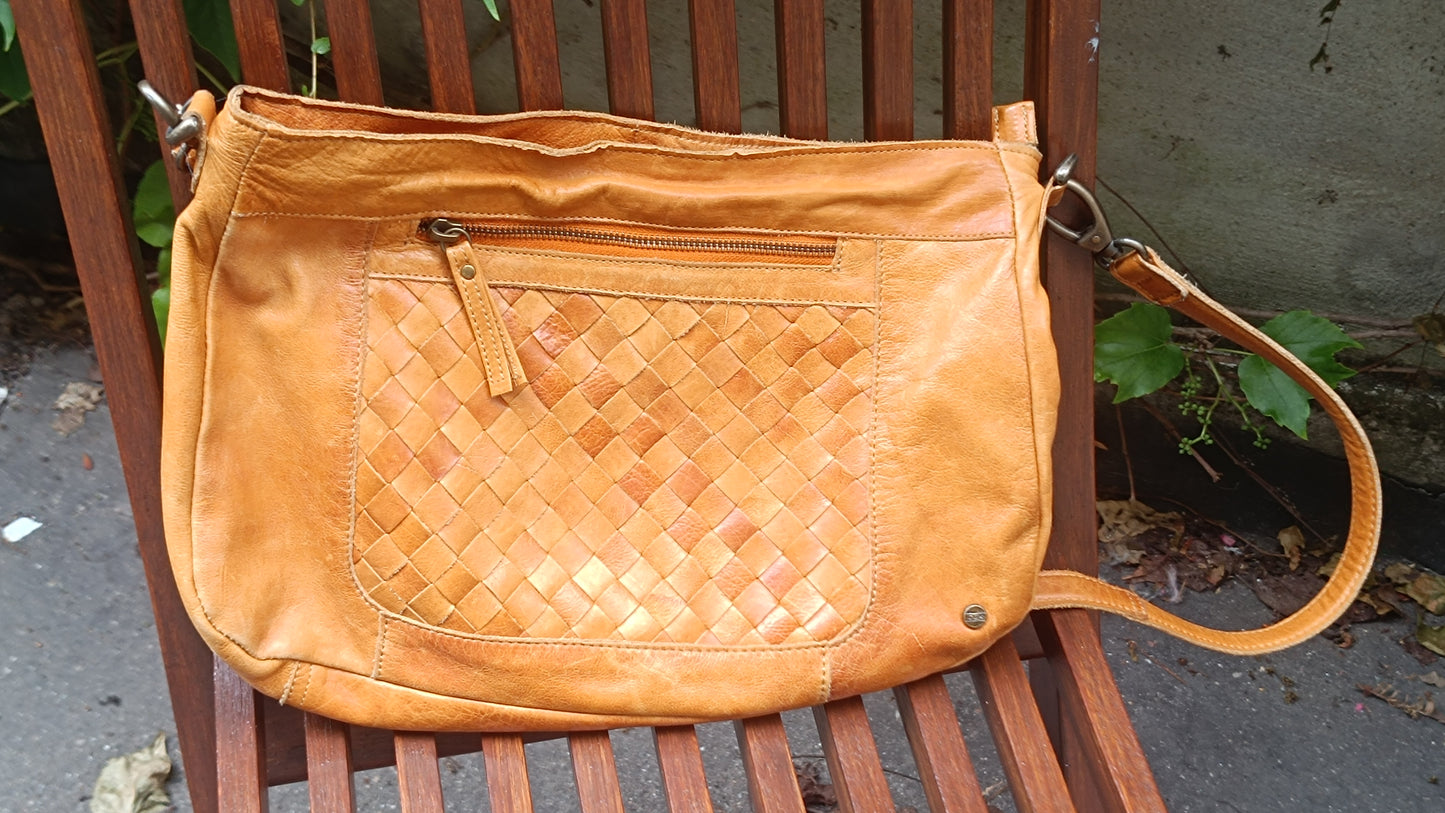 COX Vintage Tan Leather Crossbody Bag Woven Boho Shoulder Purse