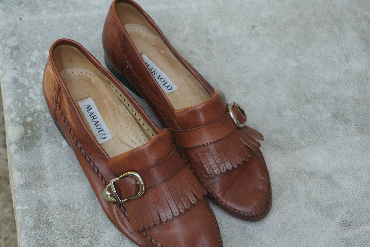 Maraolo Vintage Italian Leather Loafers - Brown Kiltie Fringed Buckle Shoes