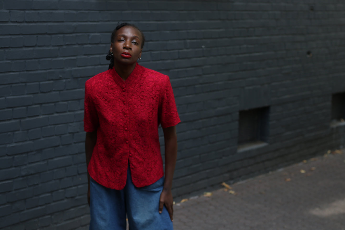 Red Lace Blouse Vintage 90s Mandarin Collar Shirt Short Sleeve | Fits S/M