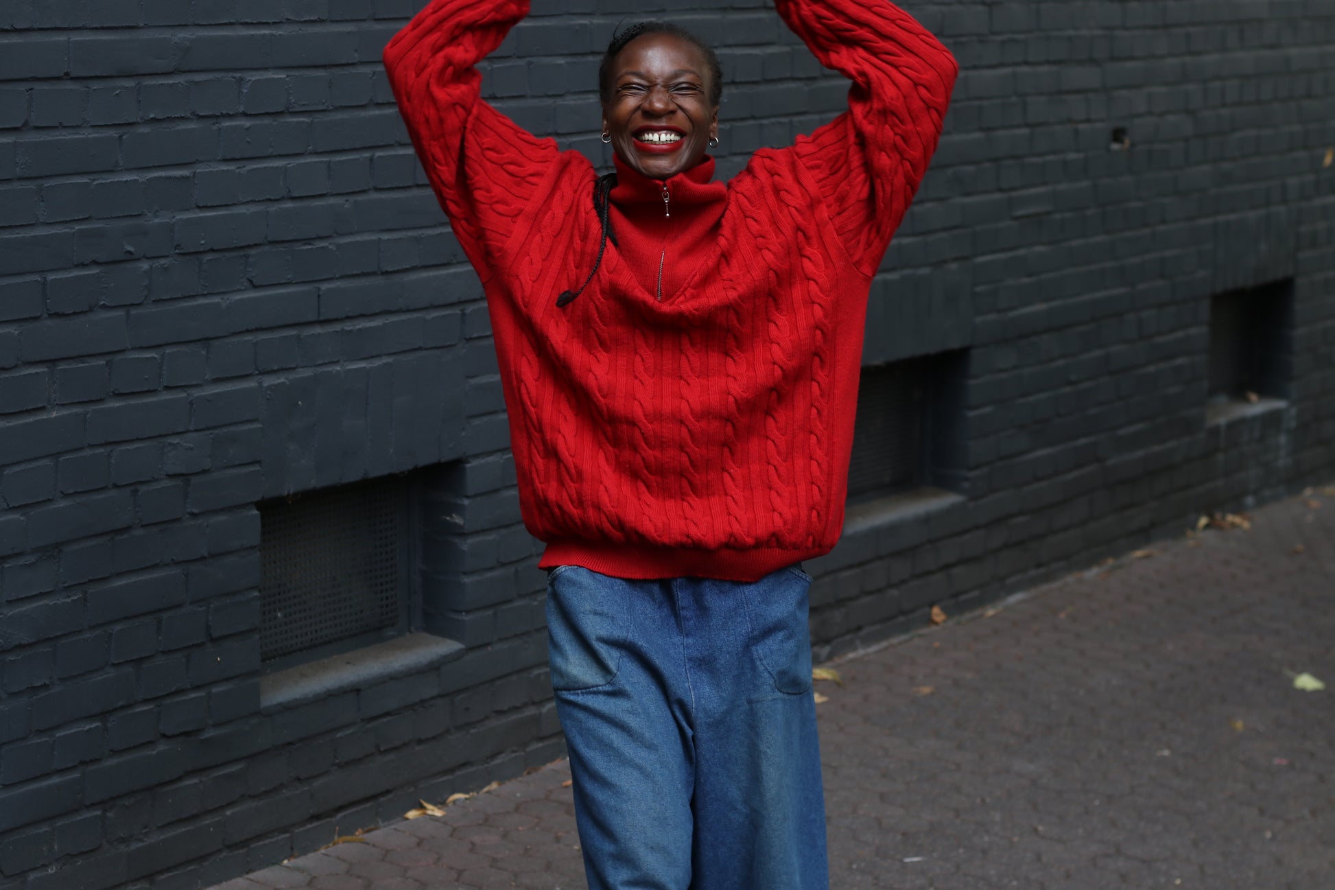 Merino Wool Sweater - Vintage Red Cable Knit Quarter Zip Jumper  L