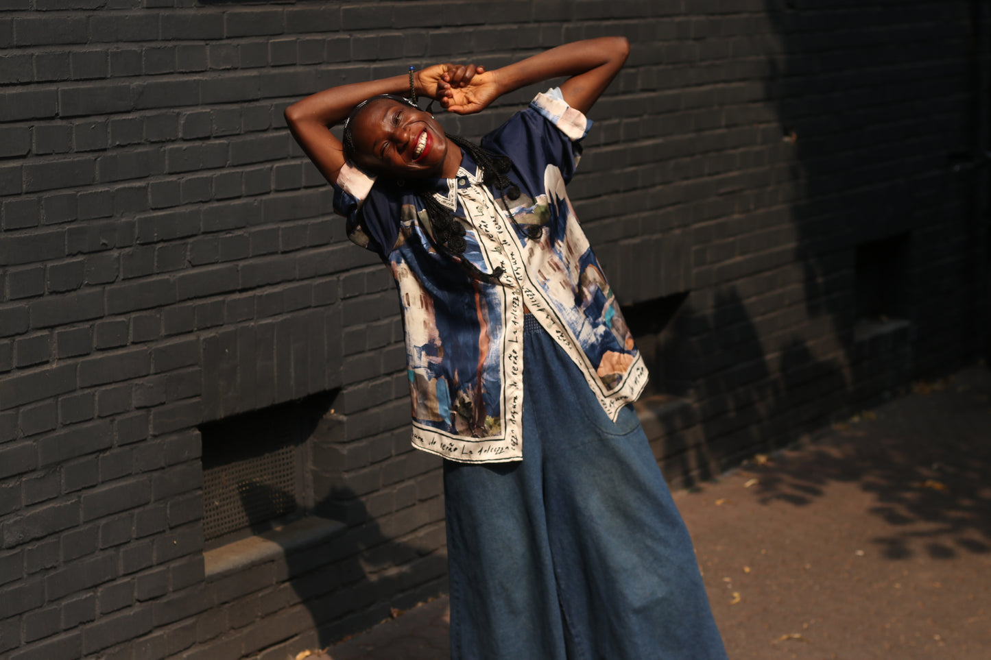 Vintage Silk Landscape Print Shirt - 90s Oversized Blue Blouse  M/L