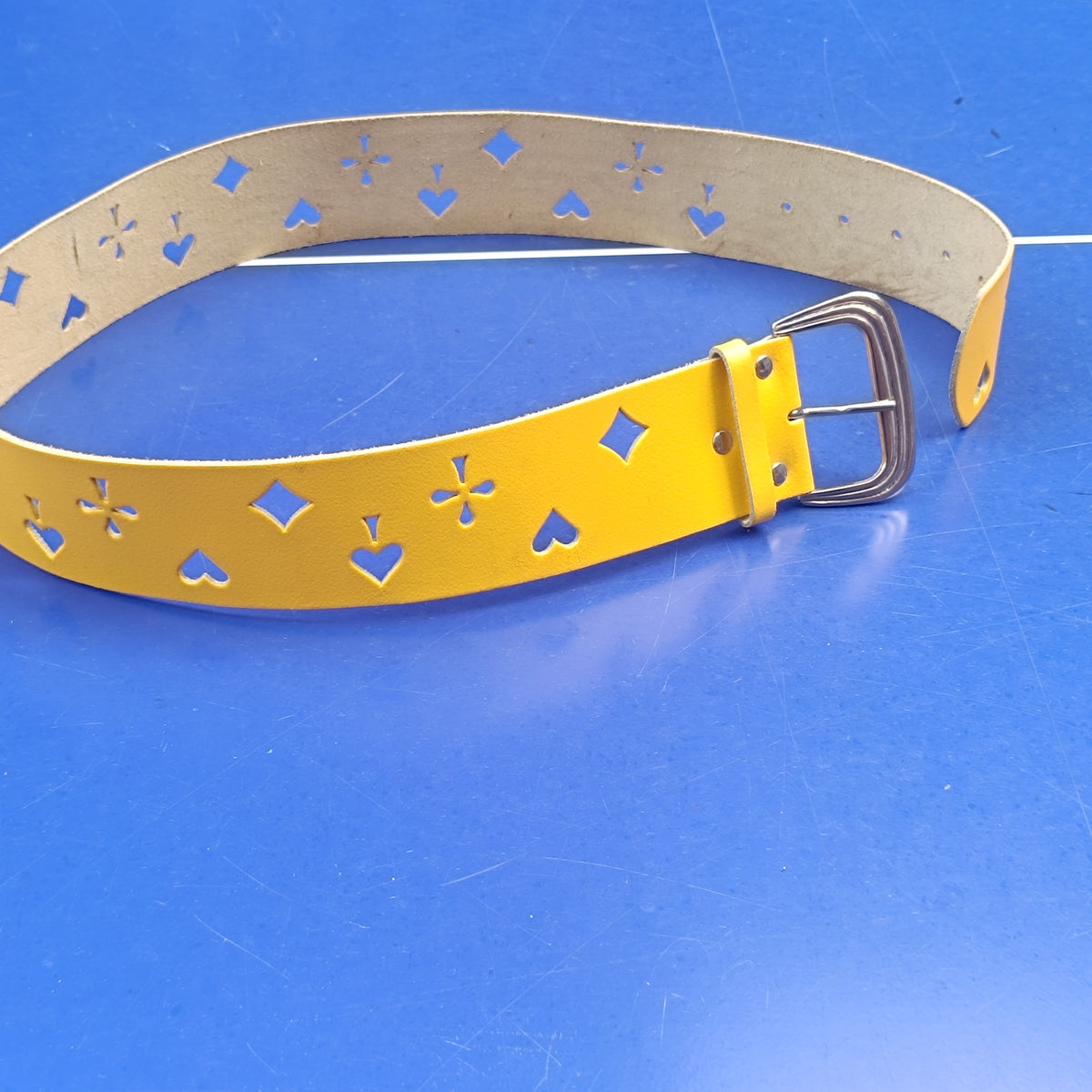 Vintage 90s Yellow Leather Belt - Playing Card Suit Cutouts
