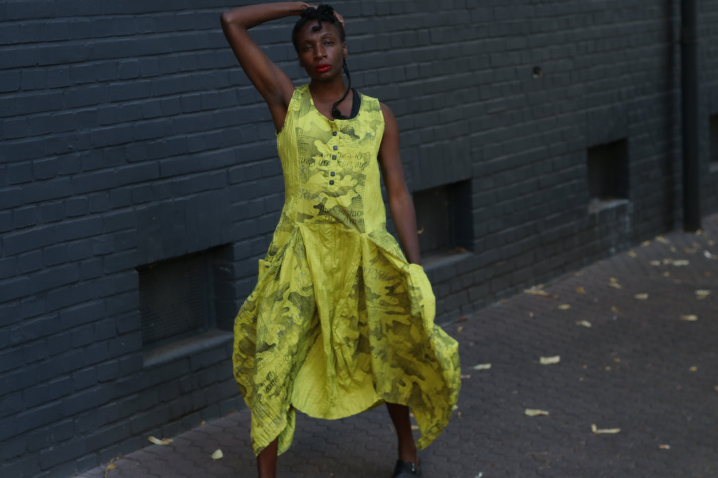 Yellow Avant-Garde Newspaper Dress - 90s Printed Balloon Midi - M/L