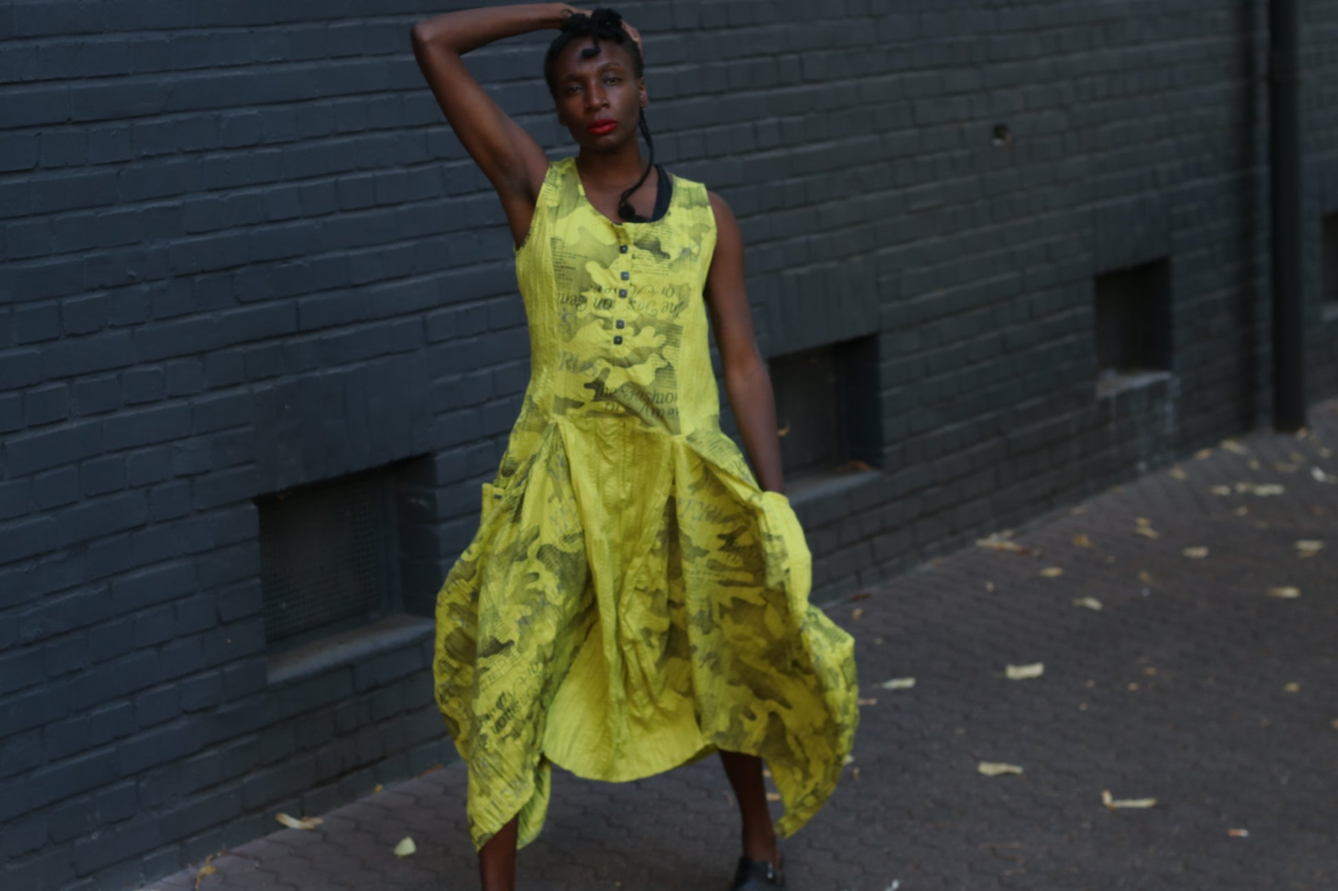 Yellow Avant-Garde Newspaper Dress - 90s Printed Balloon Midi - M/L