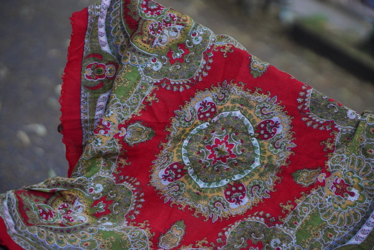 Vintage 1970s Paisley Wool Scarf Red Green Folk Medallion Fringed Shawl Babushka