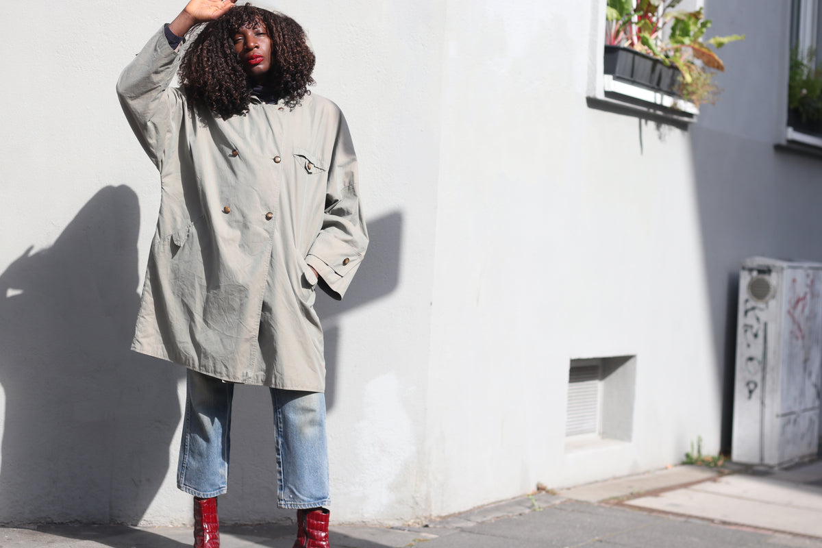 Trench Coat 80s Vintage Sage Green Hooded Oversized Jacket | L/XL