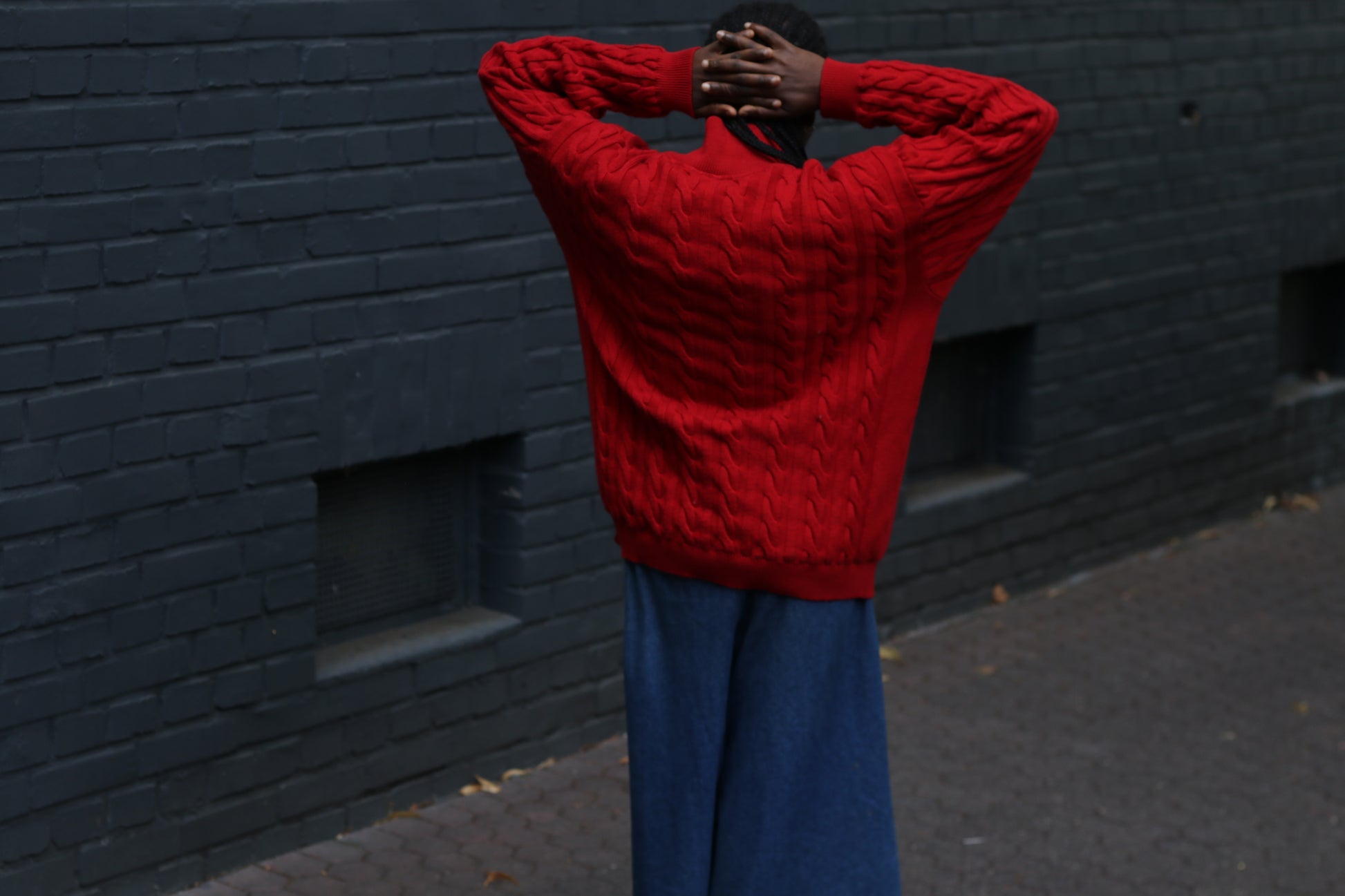 Merino Wool Sweater - Vintage Red Cable Knit Quarter Zip Jumper  L
