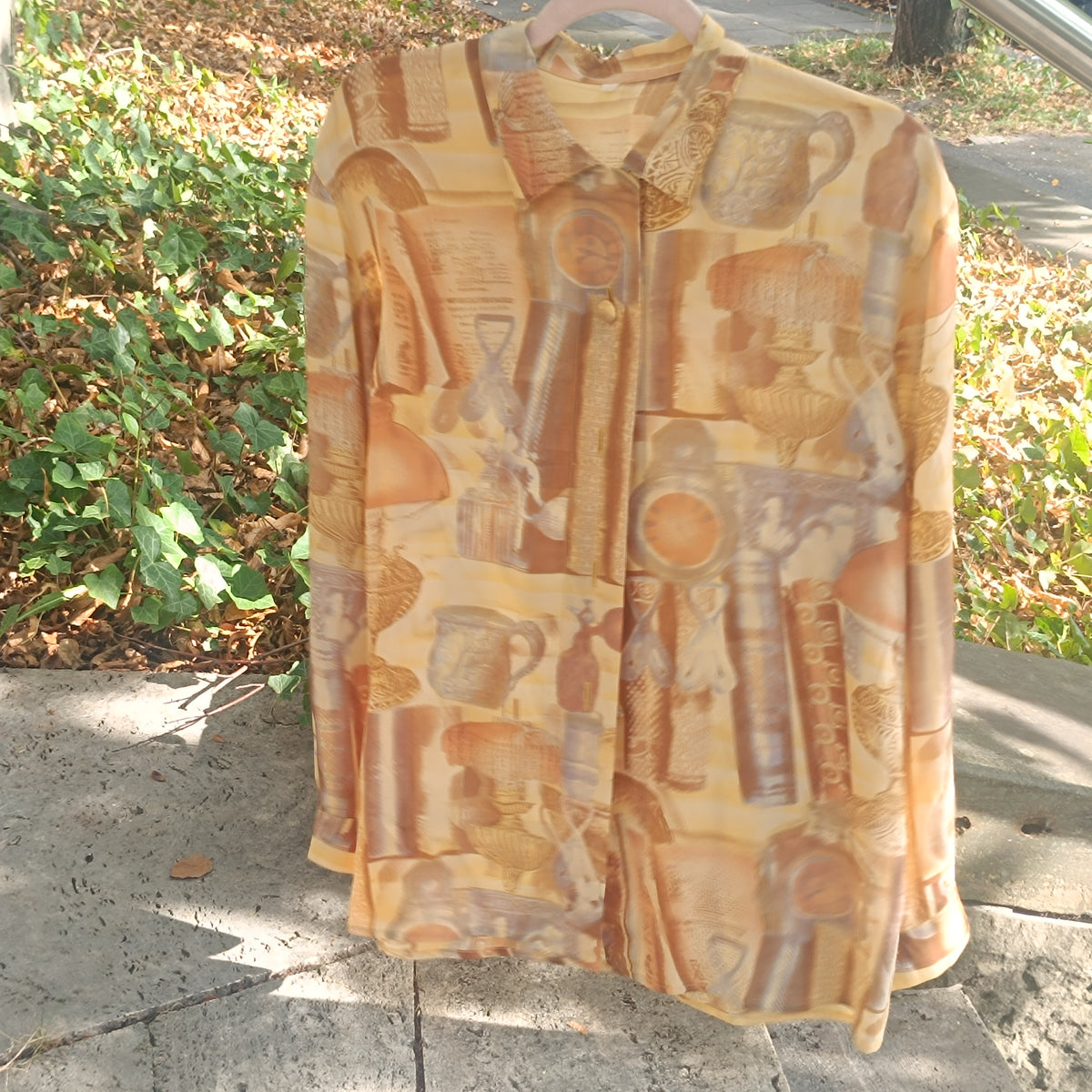 Vintage Silk Blend Blouse | 90s Sepia Antique Print Gold Shirt S/M