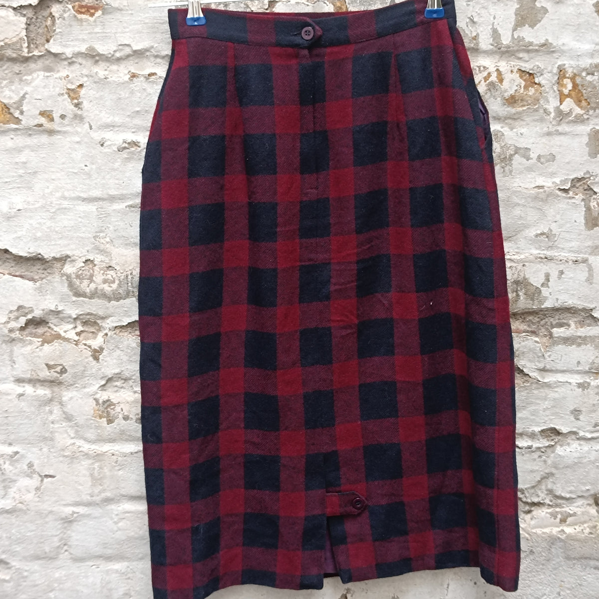 Vintage Plaid Wool Pencil Skirt | 90s Red Navy Midi Skirt XS to S