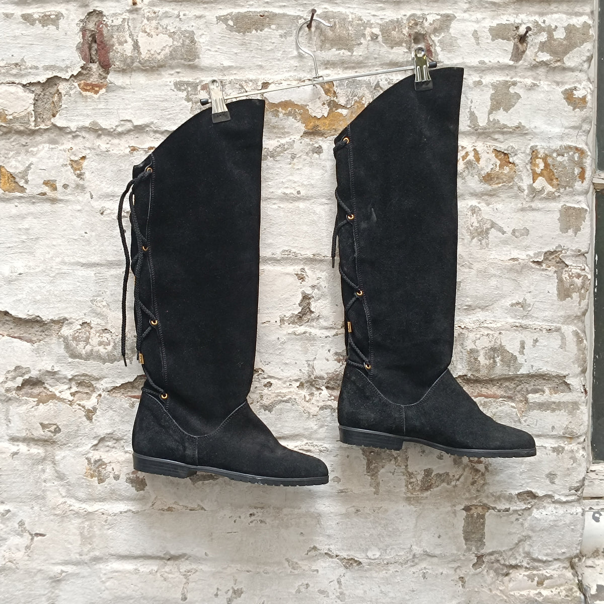 Vintage 90s Black Suede Lace-Up Knee High Boots | Size EU 37