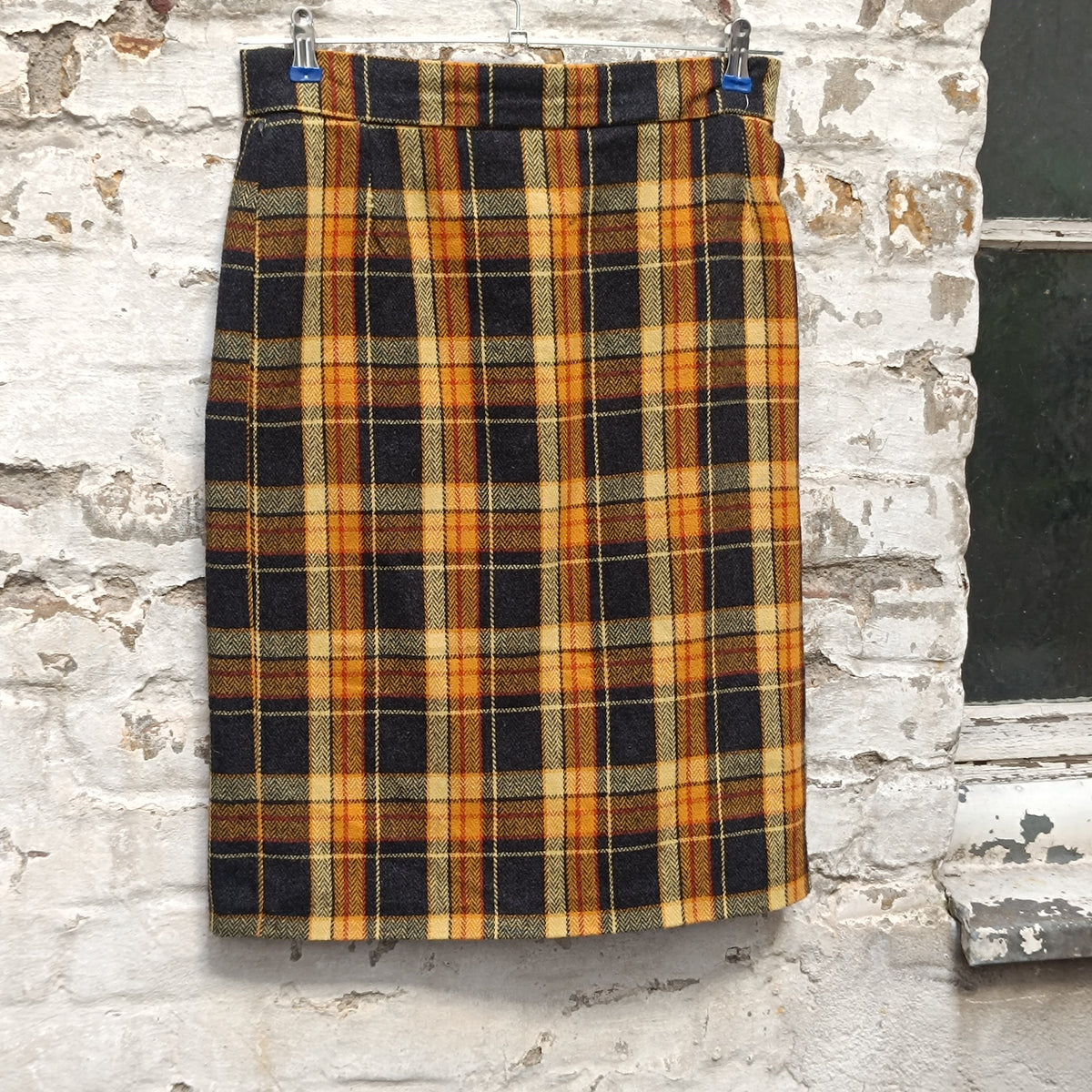 Plaid Pencil Skirt - Vintage 90s Tartan Yellow Navy S/M