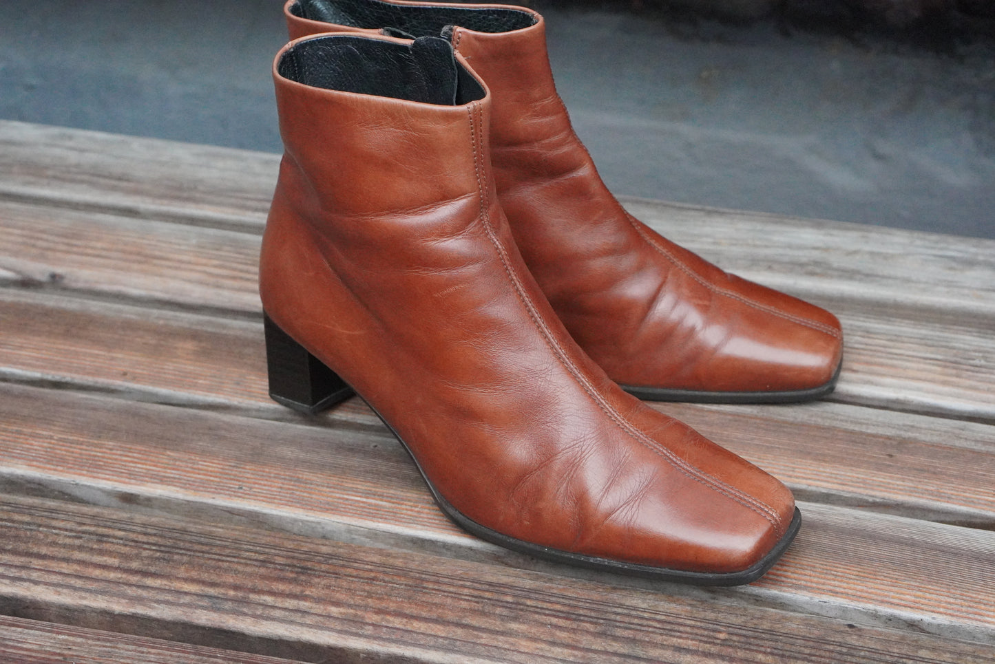 Vintage 90s Gabor Cognac Brown Leather Ankle Boots | Square Toe EU 38