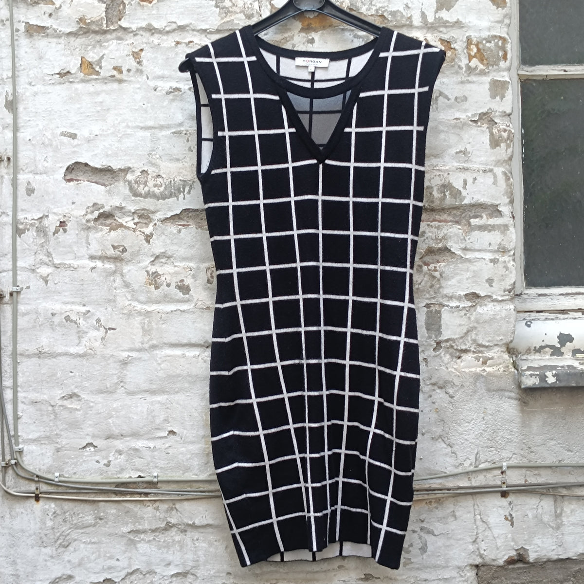 Grid Print Knit Dress | Black White Y2k Morgan Du Toi Sleeveless Bodycon