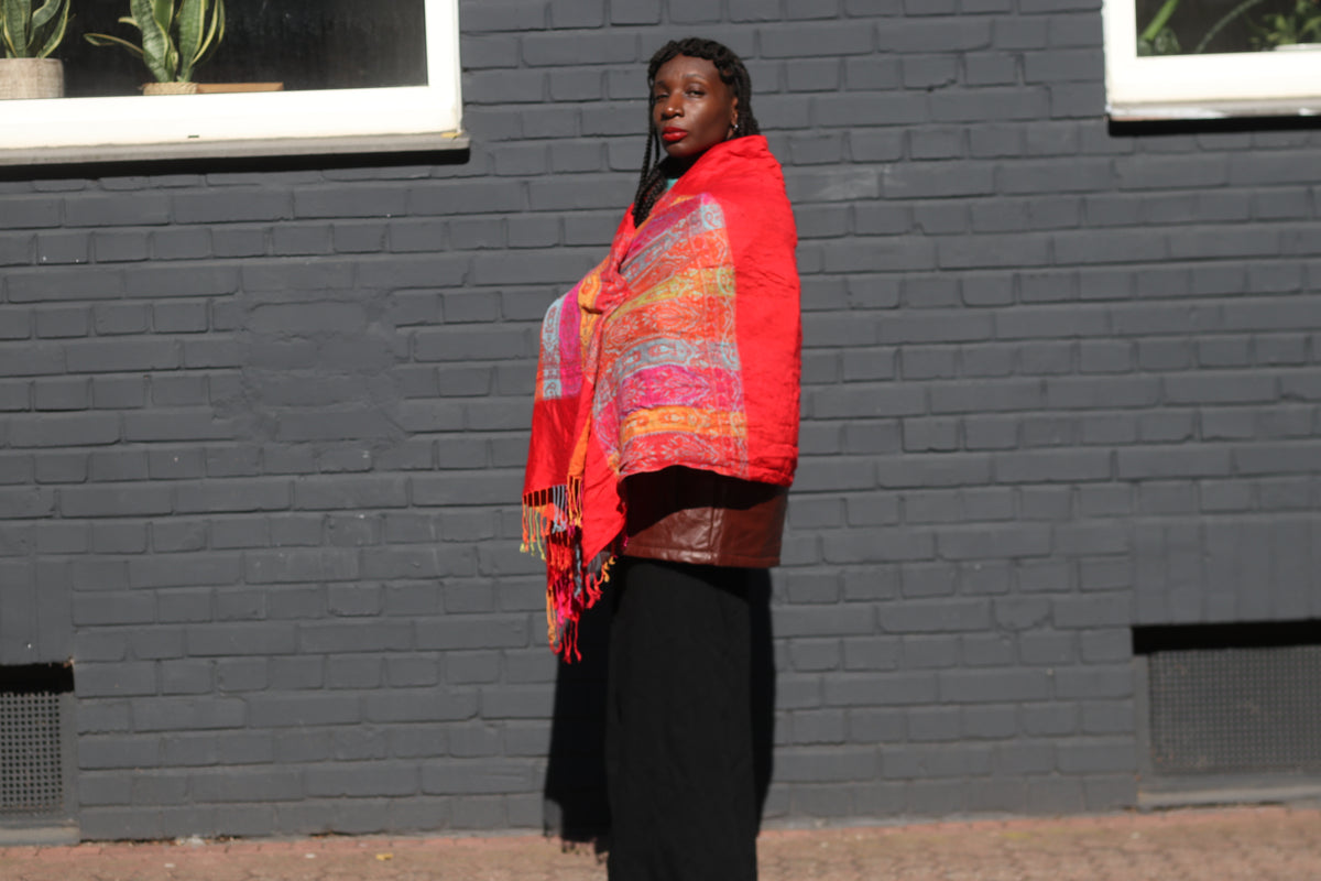 Vintage Red Paisley Pashmina Shawl - Boho Fringe Wrap Scarf