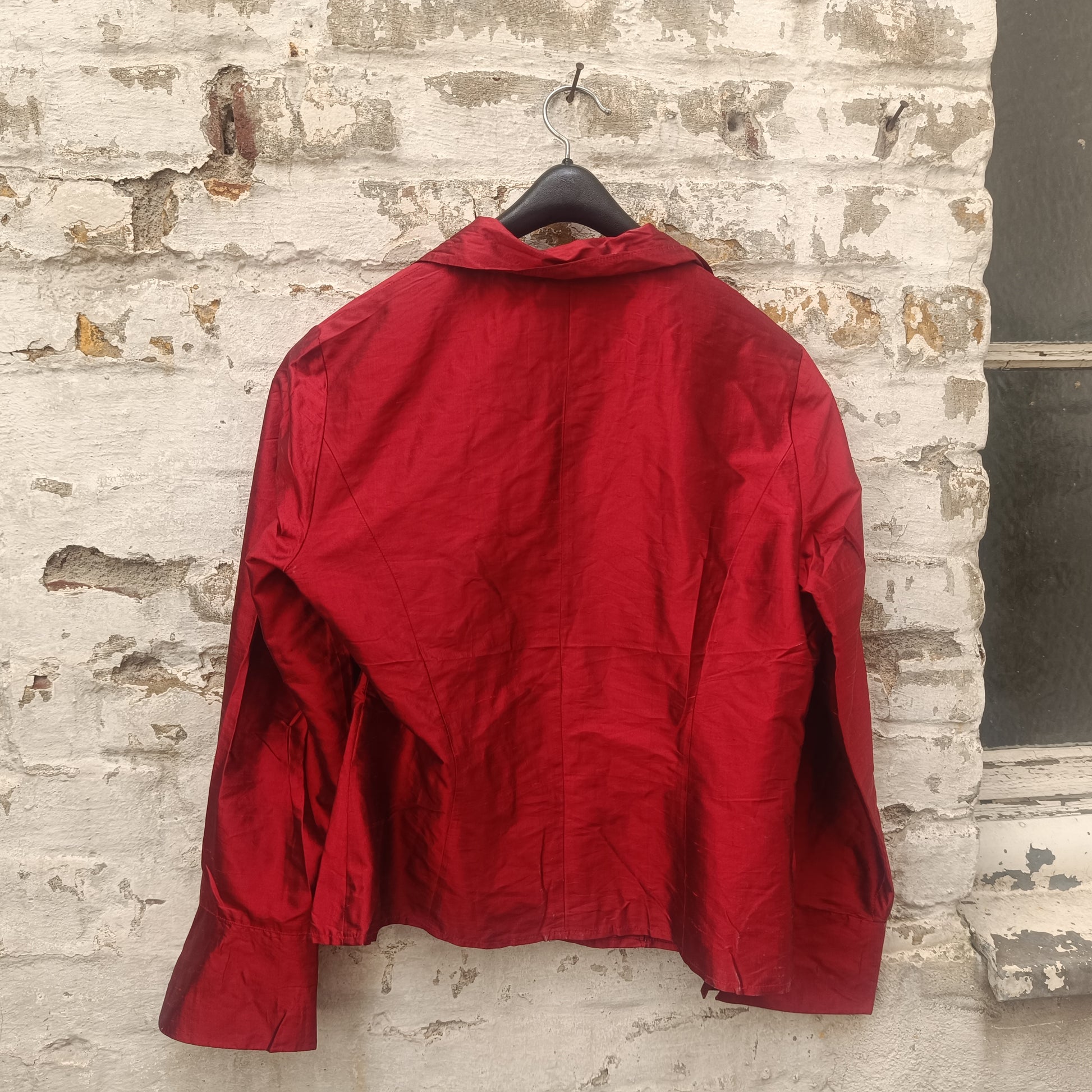 Vintage Metallic Red Silk Blouse | 90s Tailored Long Sleeve Top - XS/S