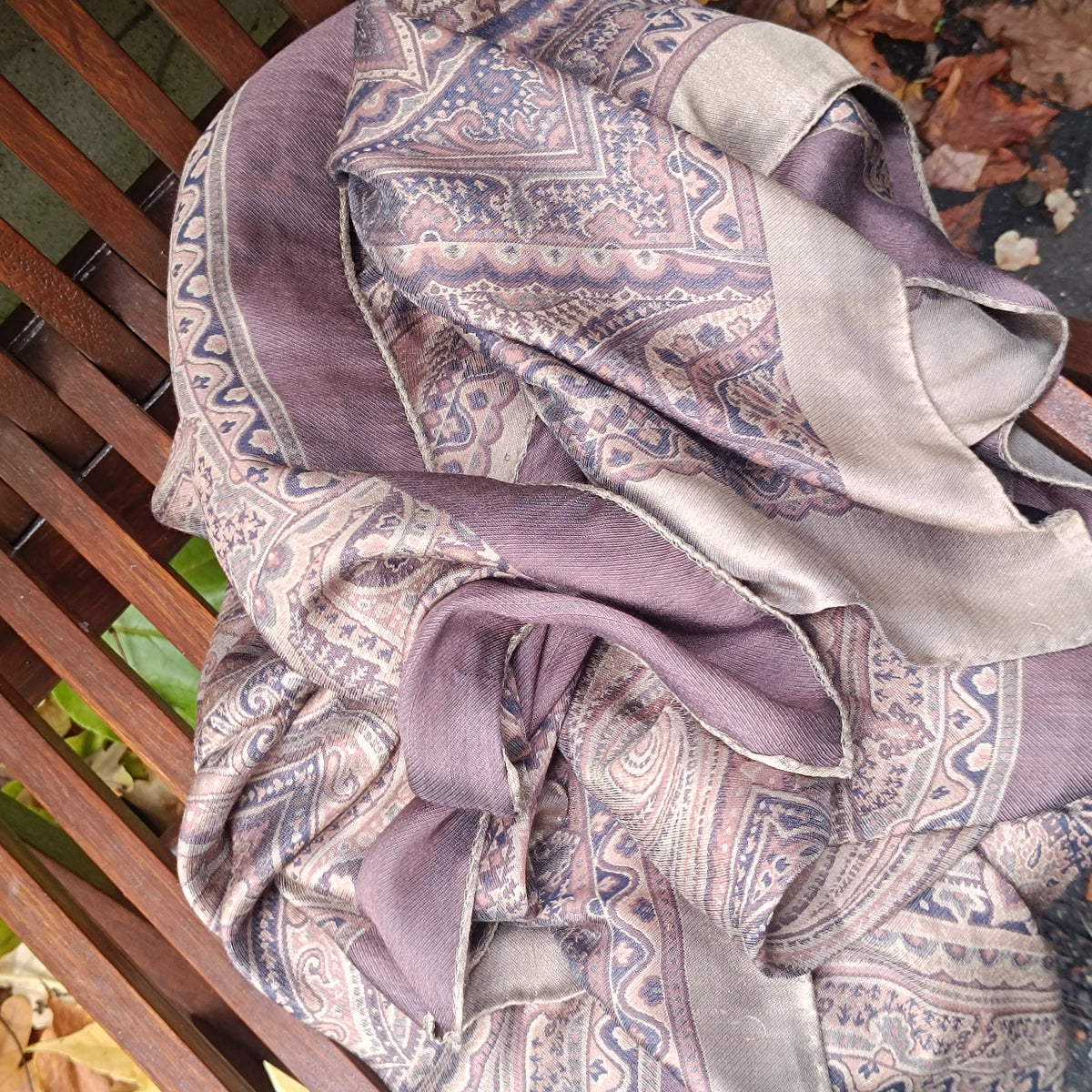 Vintage Paisley Silk Scarf | Bohemian Boho Square Neck Scarf | Brown Purple