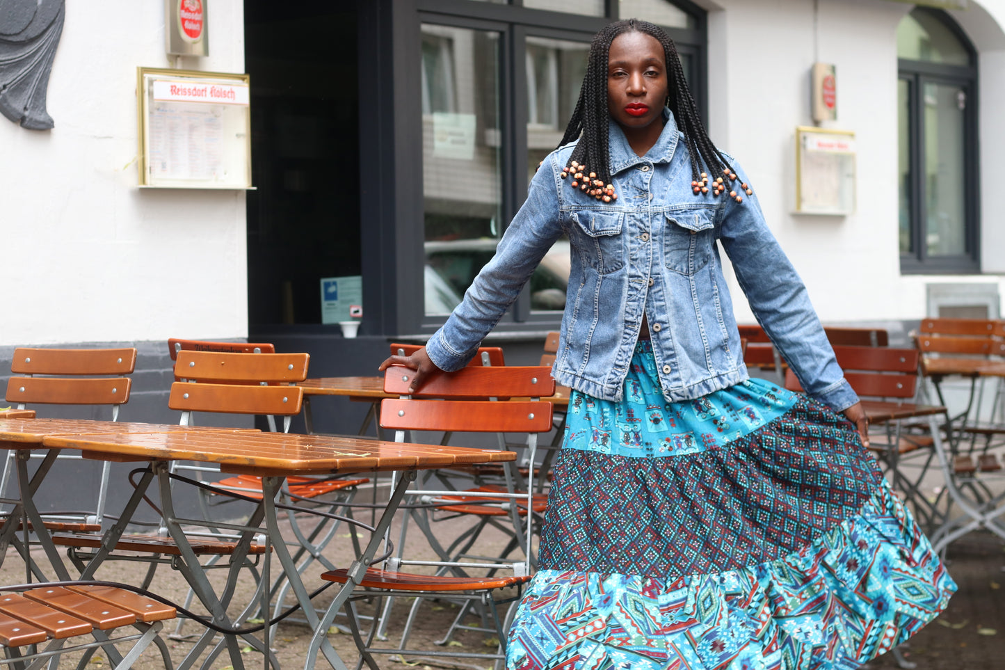 Vintage 80s Aztec Turquoise Maxi Skirt Boho Western Tiered Pattern Festival Skirt