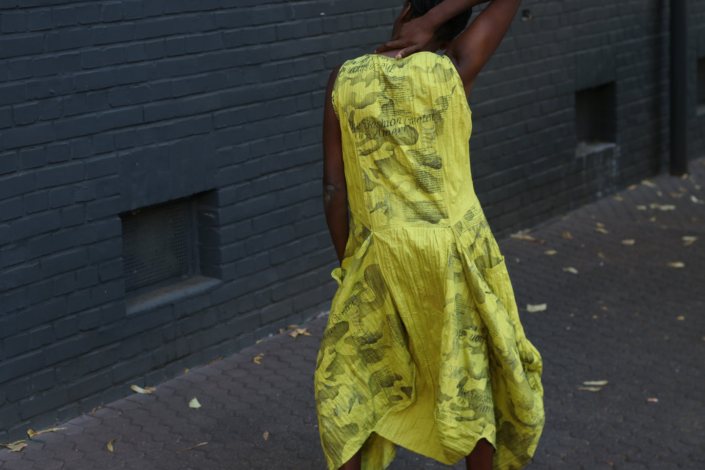 Yellow Avant-Garde Newspaper Dress - 90s Printed Balloon Midi - M/L
