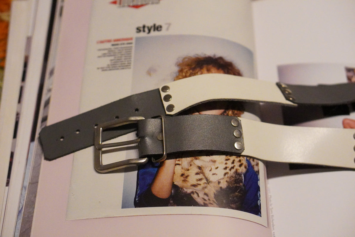Leather Belt Vintage Y2K Two Tone Gray White Metal Buckle | M