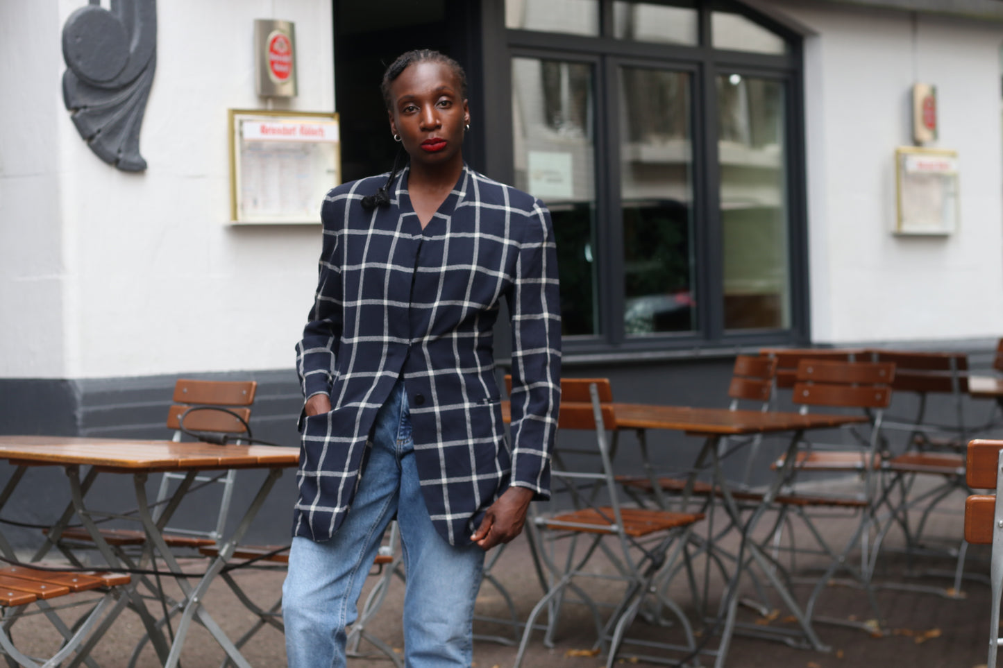 Vintage 80s Navy Plaid Blazer | Oversized Boxy Windowpane Jacket