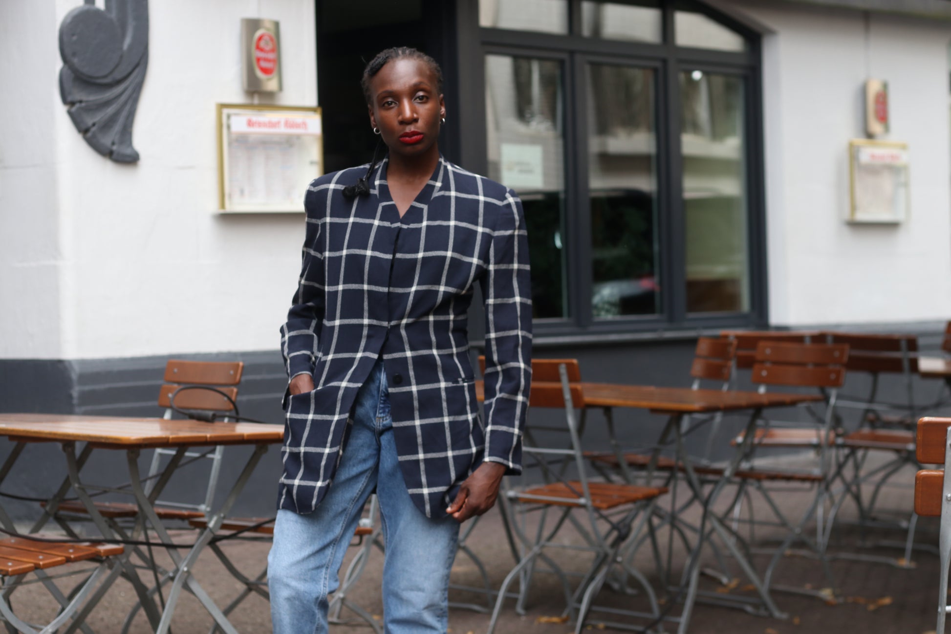 Vintage 80s Navy Plaid Blazer | Oversized Boxy Windowpane Jacket