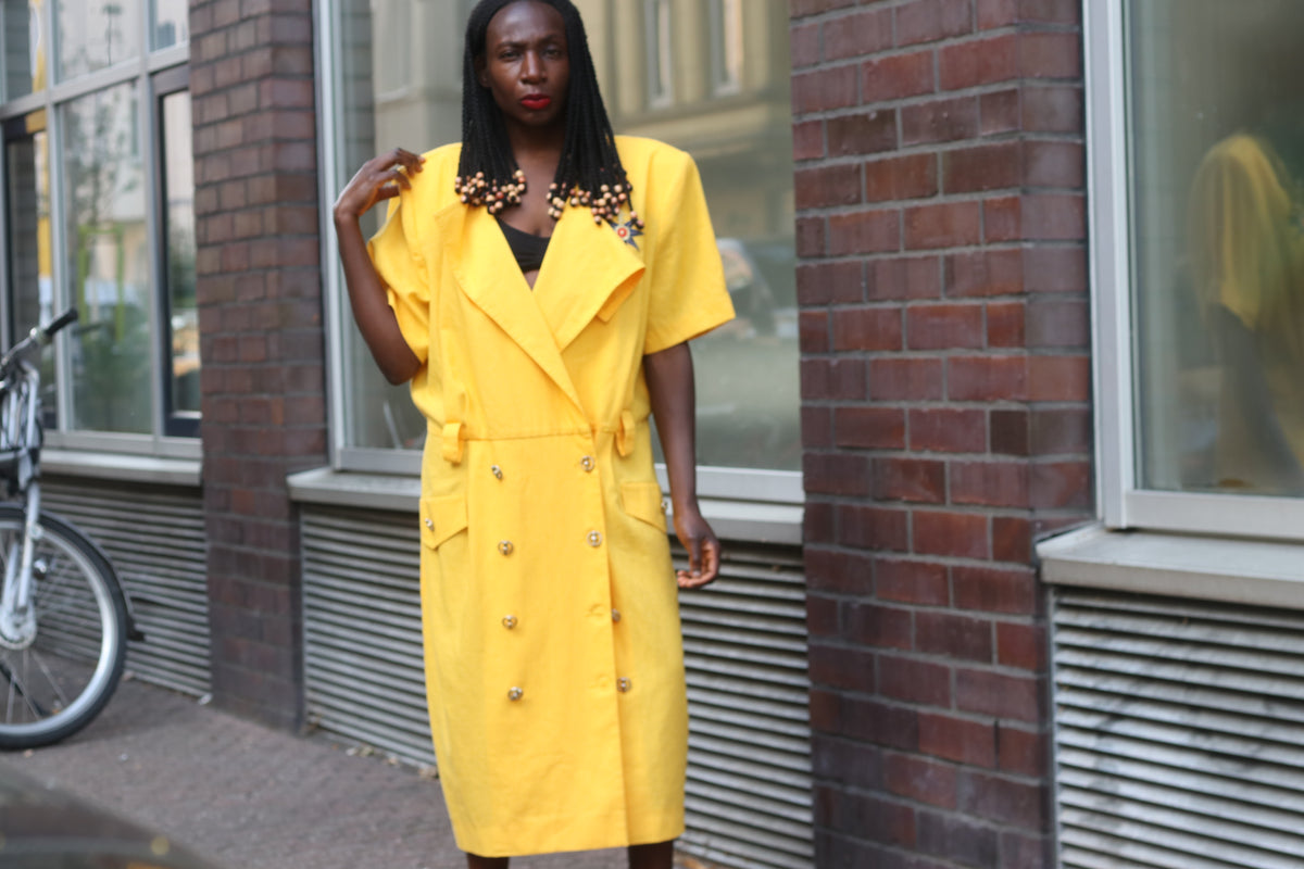 Vintage 80s Yellow Trench Dress | Short Sleeve Midi Shirtdress L to XL