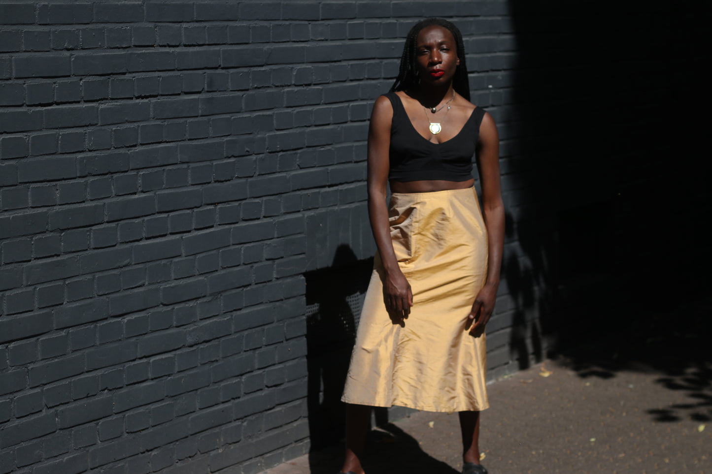 By Marja Vintage 90s Gold Silk Midi Skirt S Minimalist Metallic Shimmer Flare