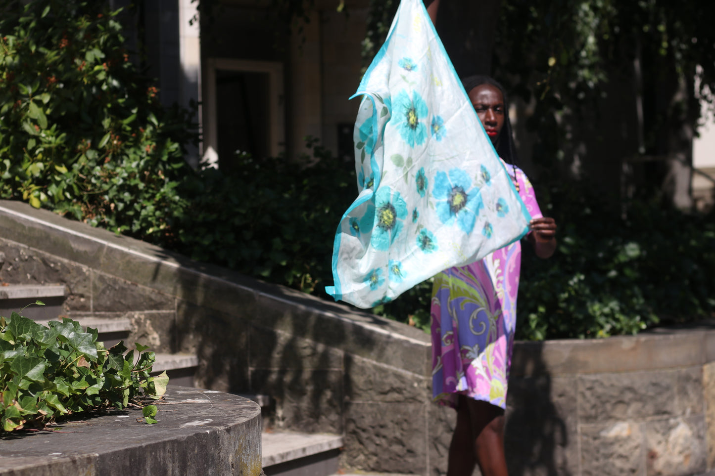 Vintage Hand Painted Silk Scarf - 90s Turquoise Floral Shawl